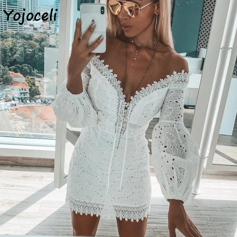 

Yojoceli 2018 off shoulder lace dress women crochet lace party club mini dress bodcyon autumn hollow out dress vestidos