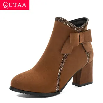 

QUTAA 2020 Autumn Winter Round Toe Zipper Fashion Square Heel Ankle Boots Mixed Color Flock Butterfly-Knot Women Shoes Size34-43