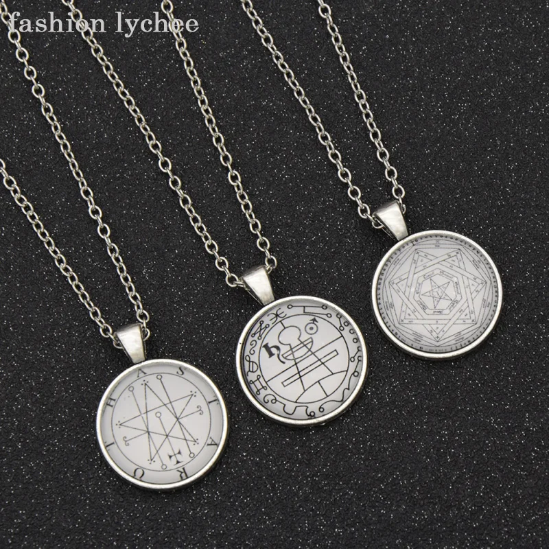 

fashion lychee Solomon Pentagram Geometry Cross Key Letters Cabochon Pendant Round Necklace Men Women Jewelry Gift