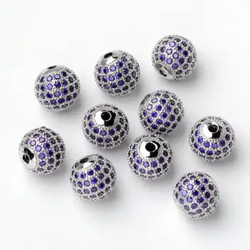 

10mm Round Brass Cubic Zirconia Beads for Jewelry Making DIY,Purple,10pcs/lot