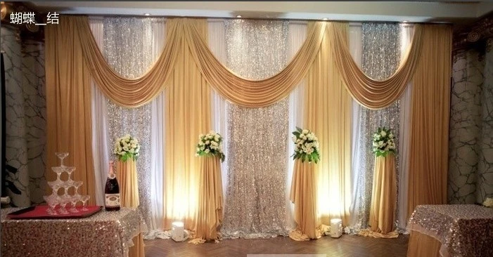 Gold swag white curtains wedding backdrops stage drape decoration party curtains