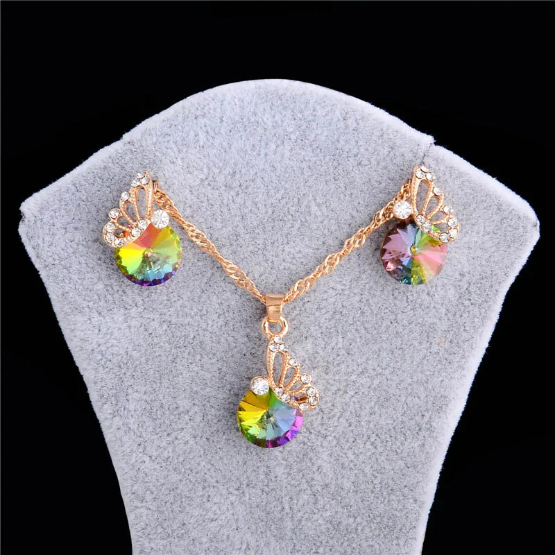 QCOOLJLY Разноцветные Милые Стразы кристалльная бабочка набор украшений для женщин серьги ожерелье красивые подарки оптом CH2780