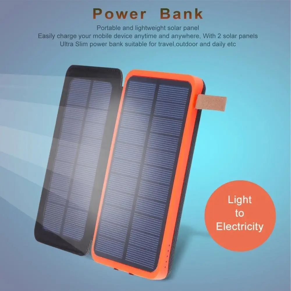 

Solar 20000mAh Powerbank Mobile Charger With Fold Power Portable Doubled Bank Power Bank Portable External Battery Charger