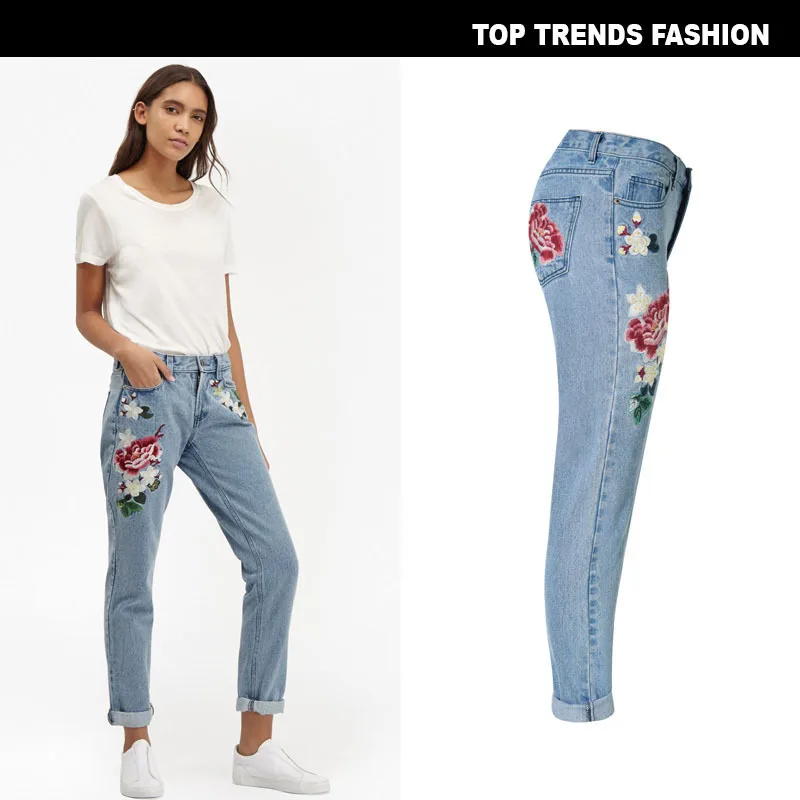 Прямые джинсы с цветочной вышивкой, джинсы с высокой талией женские светло-голубые Джинсы бойфренда женские джинсовые брюки женские большие размеры