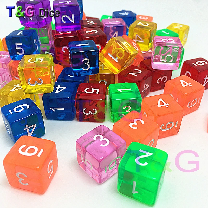 Hop Sales 10pcs/lot 16mm 6 colors transparent colored digital d6 dice,number 1-6 mtg poker,board game dice