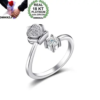 

OMHXZJ Wholesale European Fashion Woman Girl Party Wedding Gift Simple Crown White Open AAA Zircon 18KT White Gold Ring RR696