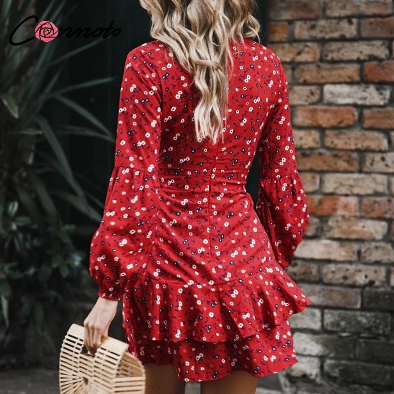 Conmoto Ruffles Long Sleeve Women Dress Bow Red Bohemian Beach Casual Dress Party V Neck Sexy Autumn Winter Dress Vestidos Conmoto Ruffles Long Sleeve Women Dress Bow Red Bohemian Beach Casual Dress Party V Neck Sexy Autumn Winter Dress Vestidos