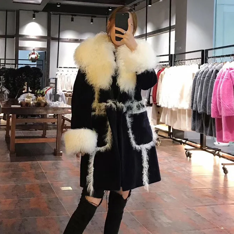 

real sheep fur coat winter women 2019 long style jacket with geniune Mongolia wool fur collar fashion parka female overcoat