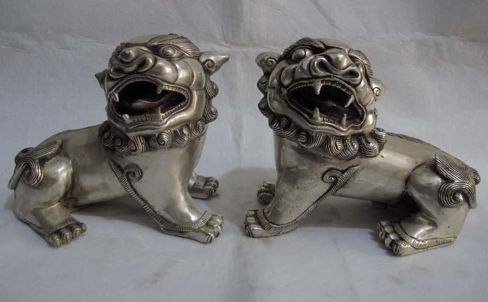 

Chinese Royal Feng Shui White Copper Silver Evil Brave troops Foo Dog Lion Pair