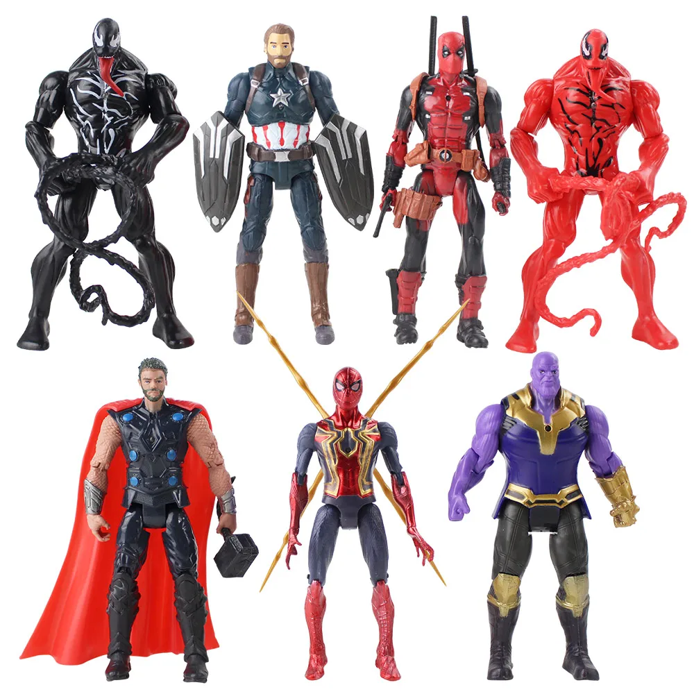 

7pcs/lot 17cm Avengers Venom Iron Spiderman Thor Captain America Deadpool Superhero Figure Toys with LED Light PVC Model Doll