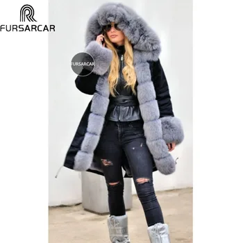 

FURSARCAR Winter Thick Warm Real Fur Parka Women Natural Fox Fur Collar Rabbit Liling With Hood 2019 Black Color Fashion Luxury