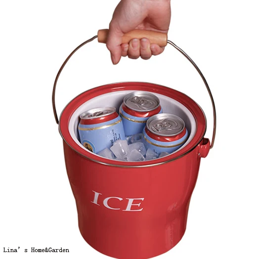Red Powder Coated Zinc Wine Drinks Cooler Ice Bucket with Scoop and Lid