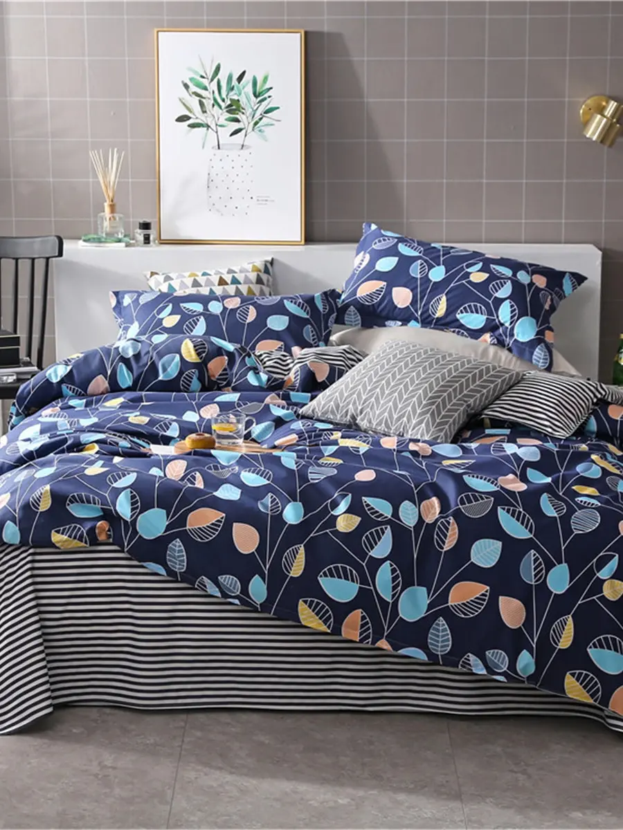 

4 Pcs Duvet Cover Set Simple Style Plant Floral Pattern Comfortable Bedding Set
