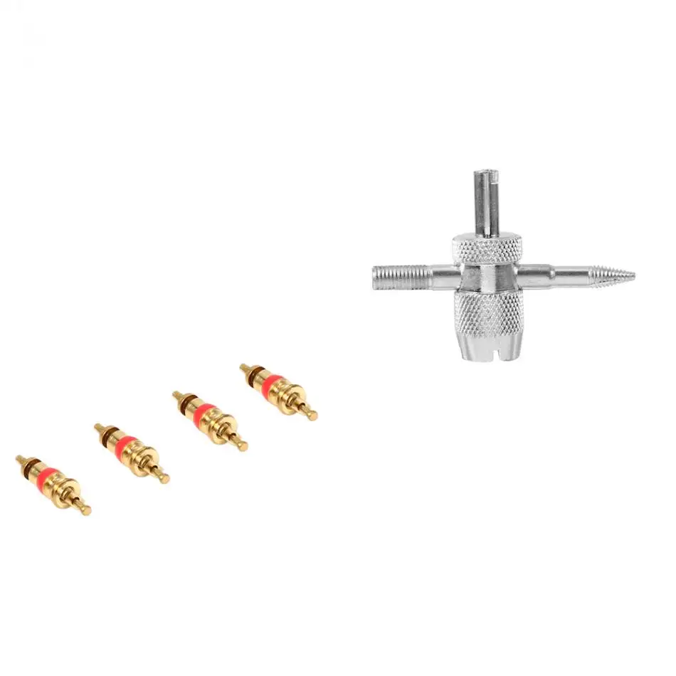 

4 Way Car Bike Tyre Valve Repair Remover Tool Tire Accessory + 4 Valve Stem Core Car Accessories