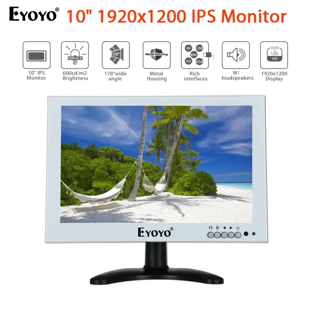 

EYOYO 10" IPS Monitor 1920x1200 600cd/m2 With VGA HD BNC AV USB Input Built-in Dual Loudspeakers For CCTV Camera DVD DVR CCD PC