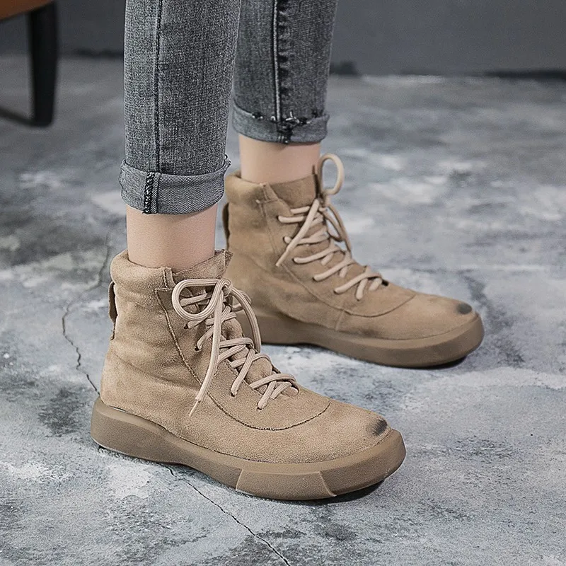 

Rimocy Women Vintage Faux Suede Boots Autumn Winter Lace Up Cowboy Ankle Boots Famale Lace Up Round Toe Platform Shoes Woman