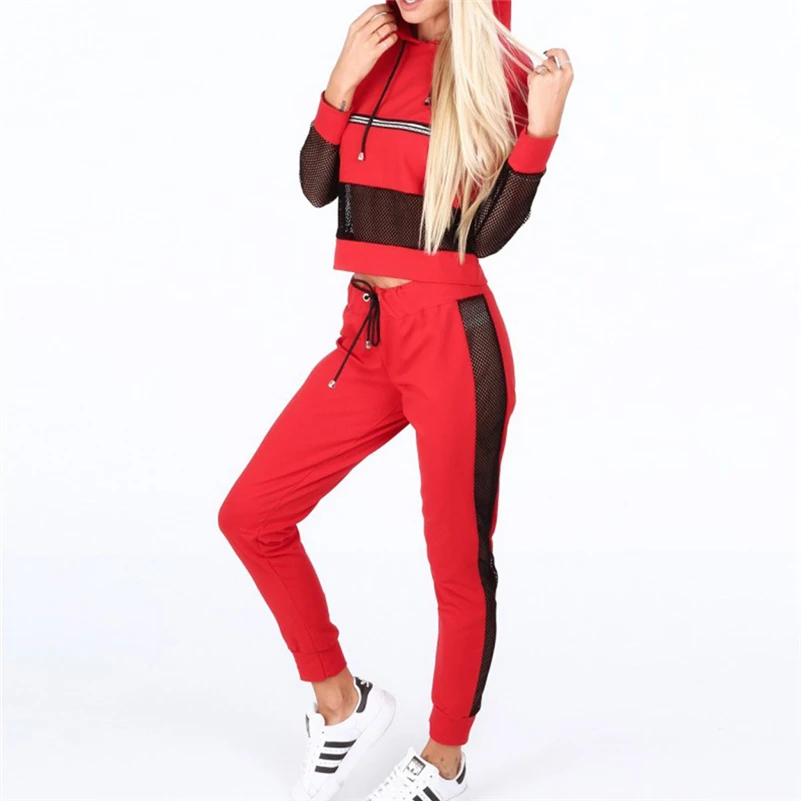 

New Autumn Hoodies Women Red Mesh Stitching Casual Sports Suit Plus Size Women Sweatshirt + Pants Two-piece