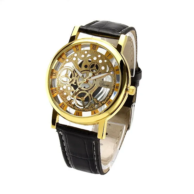 Новинка, брендовые Роскошные модные повседневные мужские часы со скелетом, женские наручные часы, Стальные кварцевые полые часы, мужские PINBO-85 - Цвет: black gold