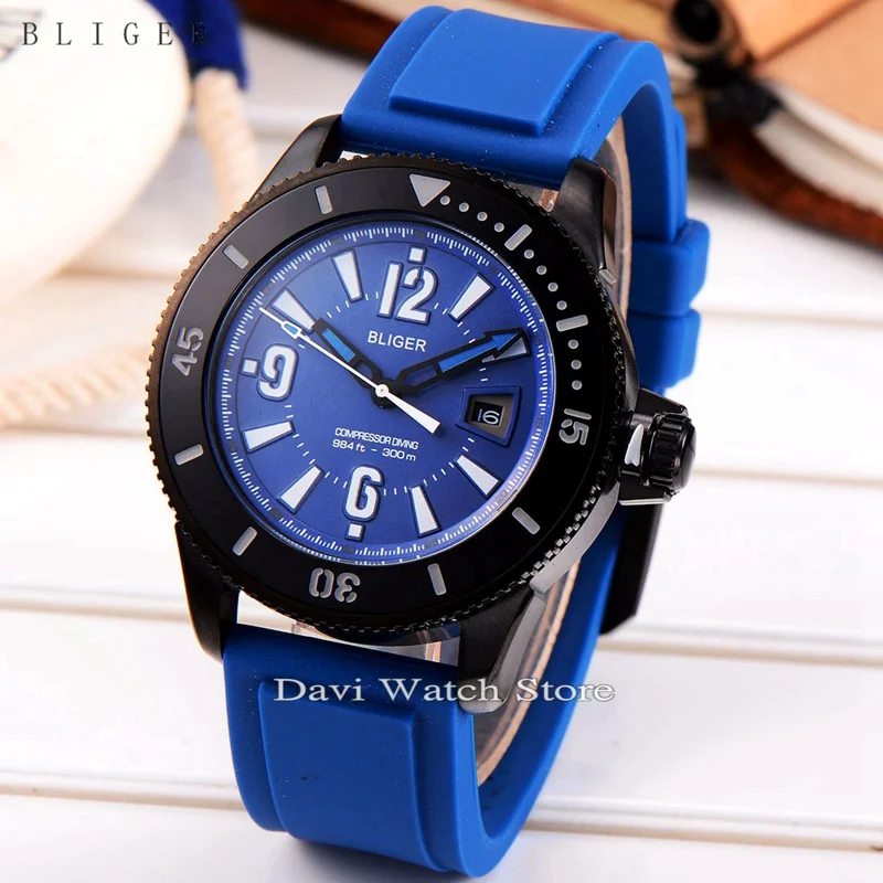 

43mm Black Steel Case Bliger Date Blue Dial Automatic Mechanical Mens Watch