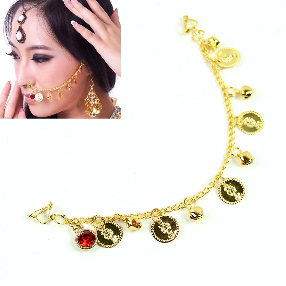 

Indian Belly Dance Fashion Jewelry Bridal Wedding Clip On Nose Ring Chain Golden