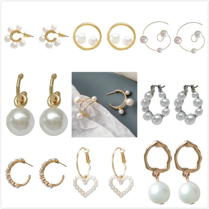 

Stylish Simulated-pearls Small Earrings for Women Simple Round Rhinestone Hoop Earrings Luxury Jewelry