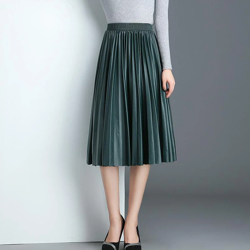 TIGENA Hohe Taille Gefaltete Pu Faux Leder Rock Frauen 2018 Herbst Winter Elegante Midi Lange Röcke Weibliche Schwarz Rot Leder rock