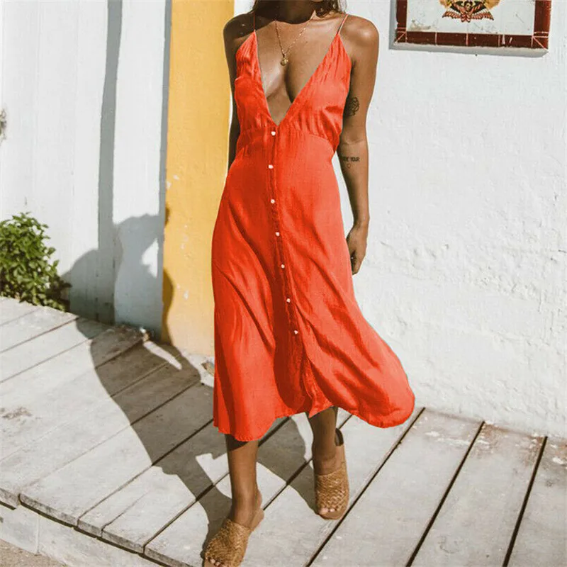 

Womens Dresses Boho V Neck Sleeveless Dress Sundress Ladies Summer Woman Clothes Button Dress Long Beach Dresses Women Clothes