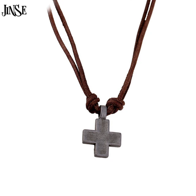 JINSE-collar de piel auténtica hombre, colgante de cruz, joyería, collares de moda, regalo, CLN101 _ AliExpress