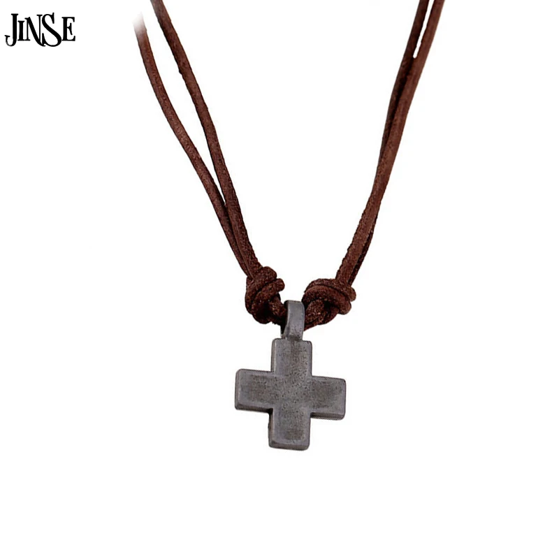 JINSE Men Genuine Leather font b Necklace b font New Cross font b Pendant b font