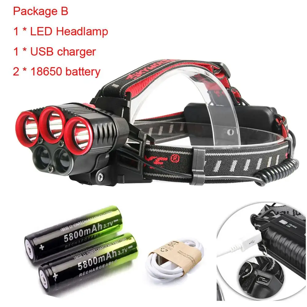 Headlamp battery 50000 люмен 5X XML T6 светодиодный USB фонарик супер яркий 4 режима лампы с 2x18650 батареей - Испускаемый цвет: Headlamp battery