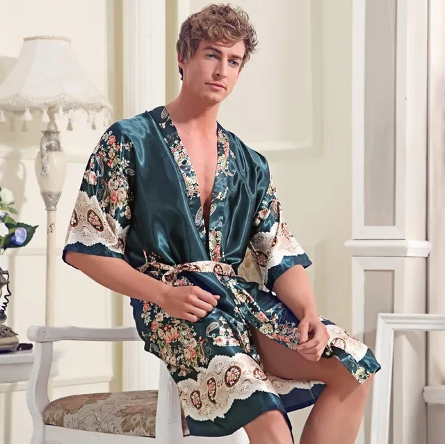 Free shipping 91006 silk robe men, bath robe men silk, green long silk robes for men top quality