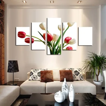 

5 Piece Red White Flowers Painting Modern Home Living Room Wall Decor Orchid HD Print Picture Photography Canvas Unframed