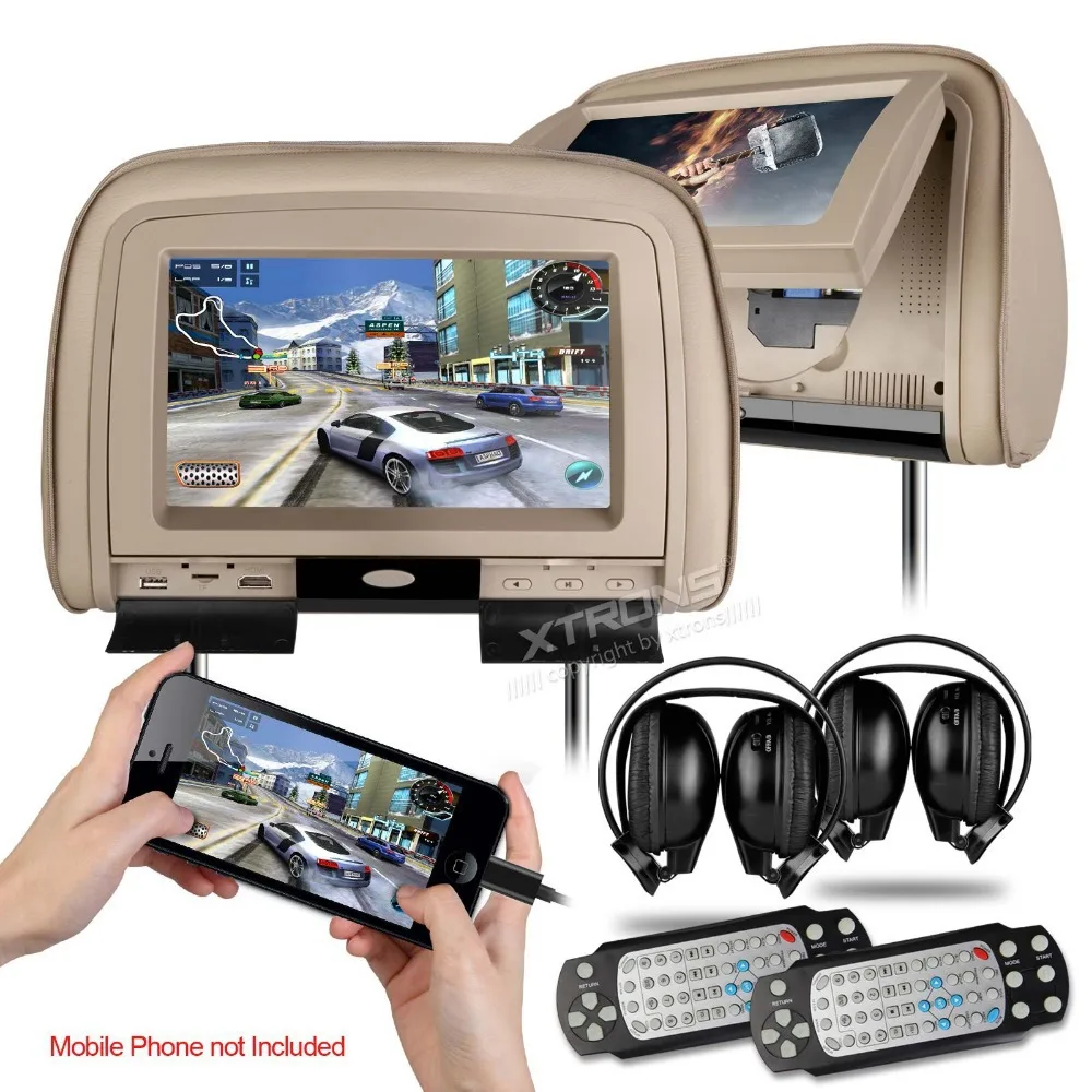 XTRONS Beige 2x9" Digital Screen Car Monitor Headrest DVD Player with 2