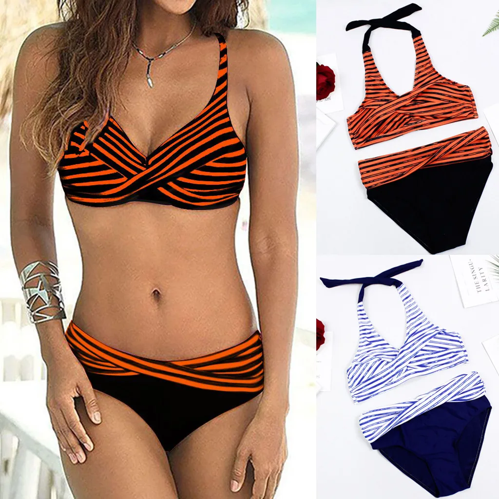 

Women Summer Sexy Stripe Cross Swimwear Beachwear Siamese Swimsuit Bikini Set Fashion Ladies Two Piece Plus Size