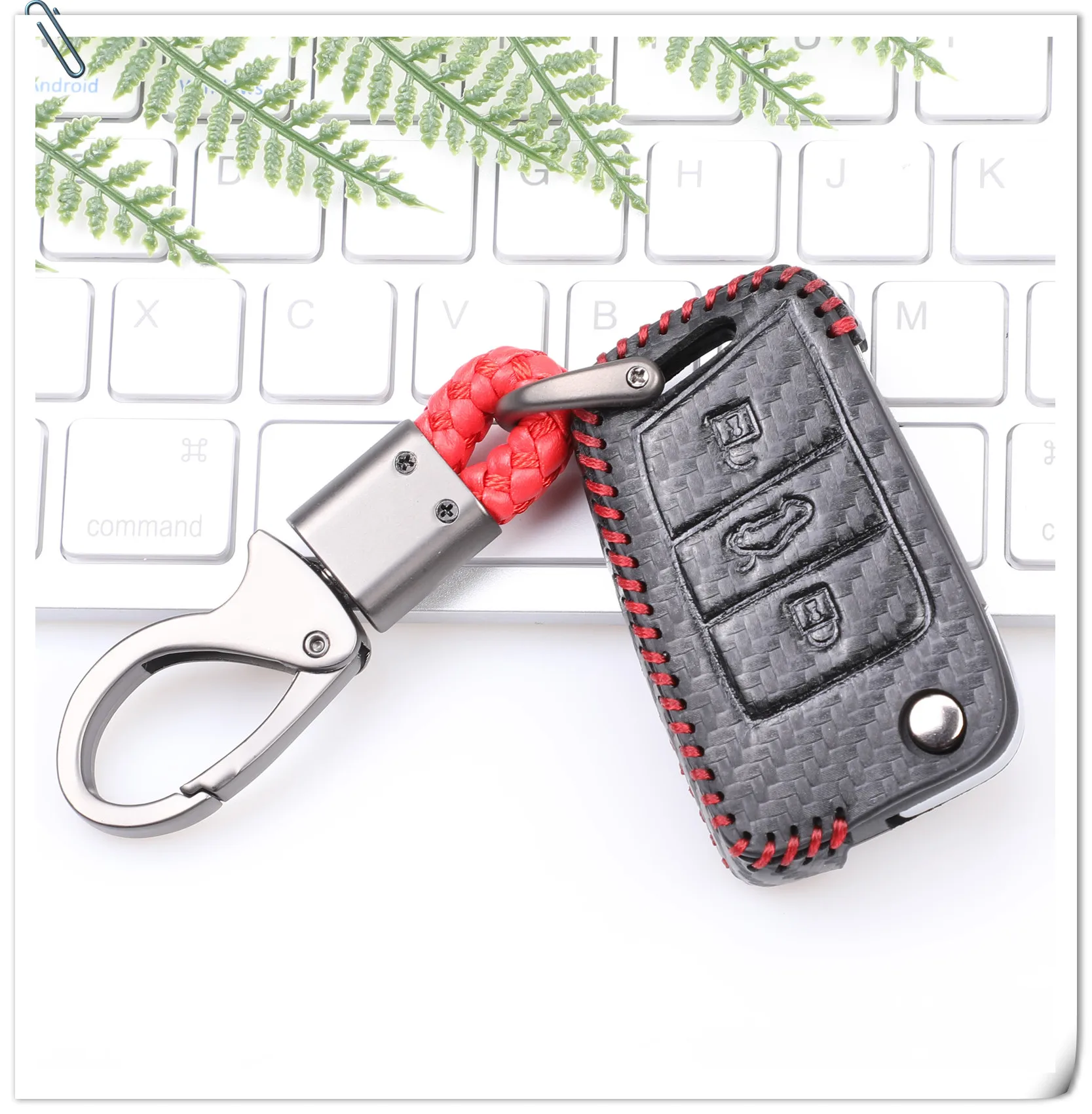 Keyforkess custodia in pelle stile chiave in carbonio per Polo Golf 7 Tiguan Skoda Octavia Karoq SEAT Ateca Leon Ibiza 2015-2019 -
