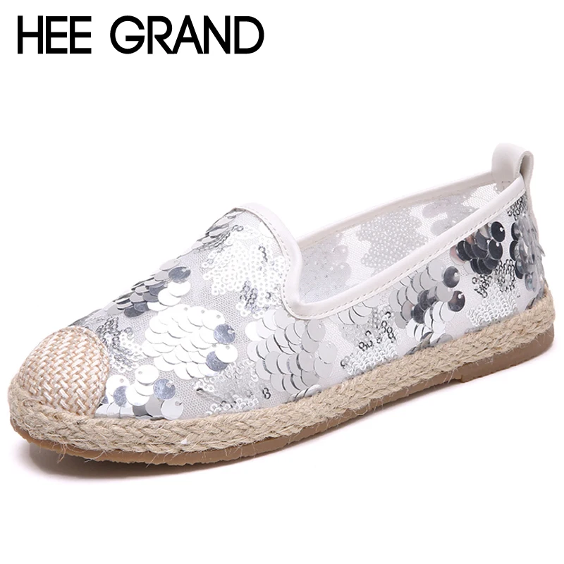

HEE GRAND Bling Bling Women Loafers Slip On Sliver Platform Flats Shoes Woman Mesh Air Lace Ladies Flat Canvas Shoes XWD6601