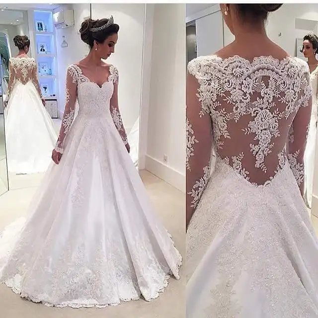 Vestido де noiva Sexy Back Длинные Рукава Свадебное Платье Свадебные Платья Кружева