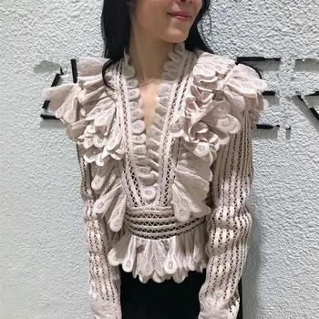 

2018 Autumn Women Solid Hollow Out Lace Blouse Long Sleeve Ruffled Shirt Sweet V-neck Party Tops