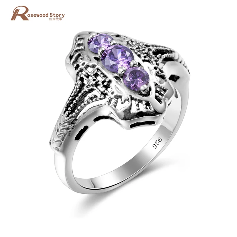 

fashion 925 Sterling Silver Jewelry Purple CZ Stone Crystal Rings Unique Vintage Party Wedding Cocktail Rings For Women