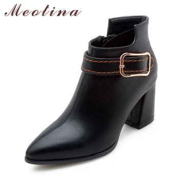 

Meotina Ankle Boots Women Winter Pointed Toe Square Heel Boots Fashion Buckle Grace Short Boots Zip Female Footwear Red Black