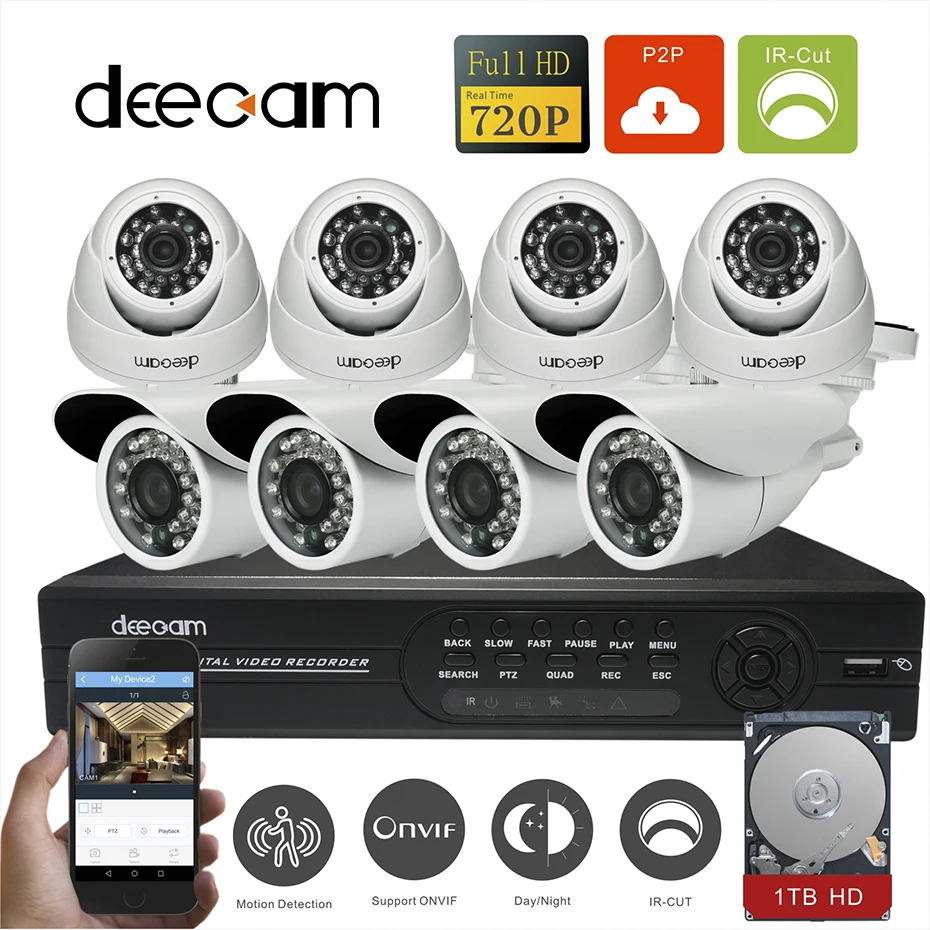 Deecam 8CH AHD HD CCTV System 1MP CCTV Camera DVR Kit 720P  I Security Camera System Remote View seguranca em casa With 1T HDD