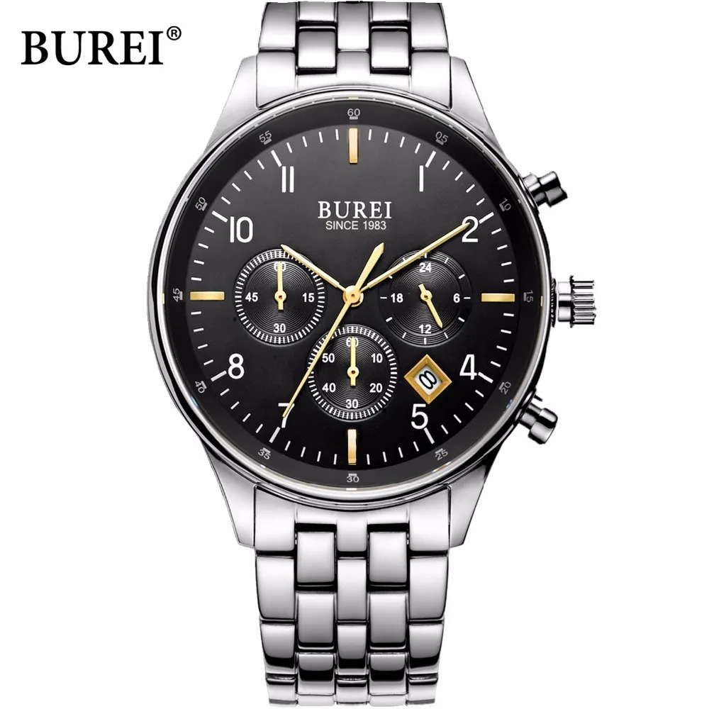 BUREI waterproof men quartz watch sapphire watches stainless steel shock resistant analog