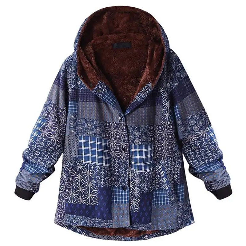 

Women Warm Winter Fleece Fur Outerwear Oversized Female Patchwork Button Coats Floral Printed Jackets Lady Casual Hooded Coats
