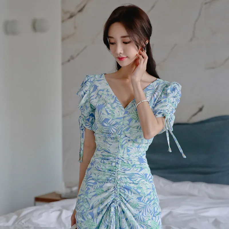 Летнее облегающее Платье макси с v-образным вырезом и принтом Vestidos