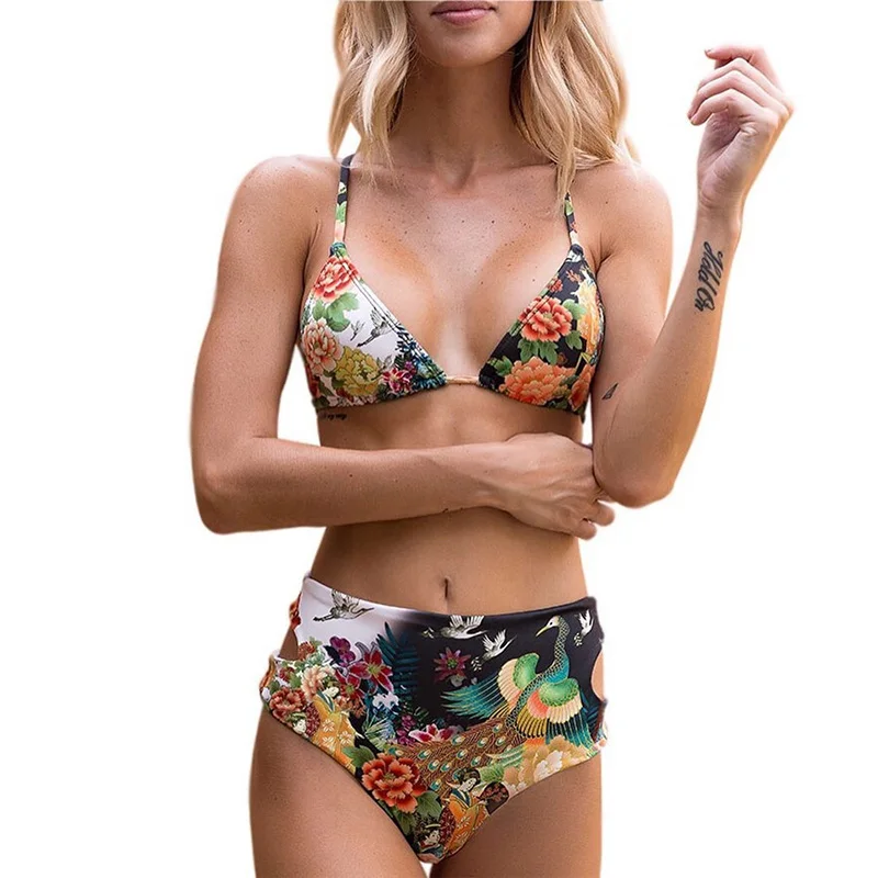 

New Sexy Bikini Set Women Push Up Halt Swimsuit With Floral Banana Printed Swimwear Seductive High Waist Summer Beach Biquini
