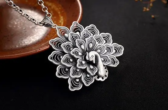 

Sterling S990 990 silver Necklace Peacock vintage pendant charm 47*50MM