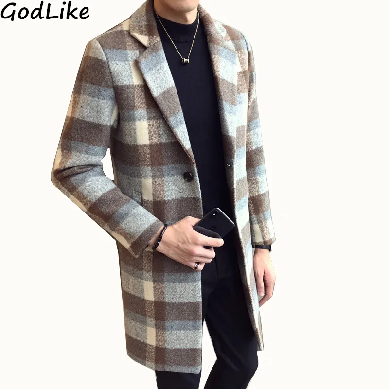

New 2018 Fashion Mens Woolen Long Coat Mens plaid Turn-down Collar Breasted Wool Overcoat Stripe Jacquard Male Casual jacket