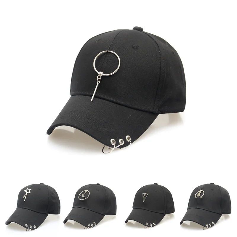 

Hot selling 2018 Spring and summer Fashion Iron Ring Hats Adjustable Baseball cap 100% Handmade Ring black Hip Hop Hat For Women