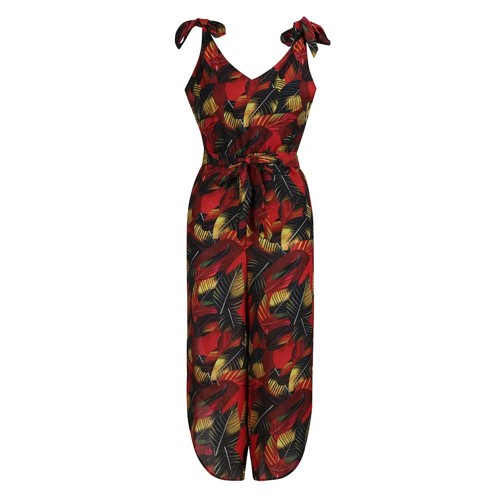 

2019 New V-Neck Jumpsuit Ladies Backless Sleeveless jumpsuit with Belt Sleeveless Printed Shoulder Bandage Waistband