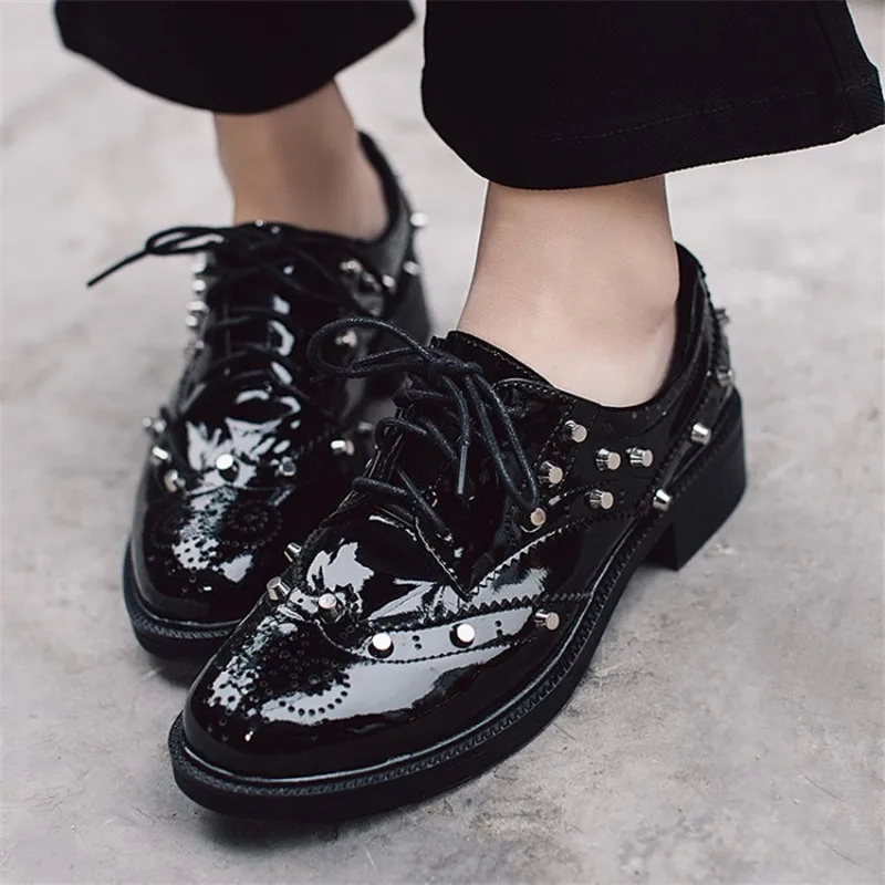 2017 Women Oxfords Shoes Genuine Leather Square Low Heel Shoes Fashion